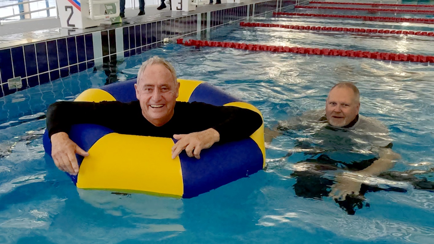 Mayor Phil Mauger and Hornby Ward councillor Mark Peters jumped in to the main pool fully clothed...