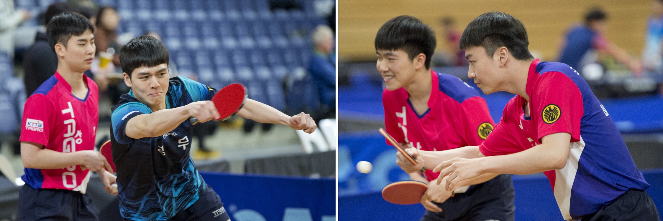 South Korean Army table tennis team representatives (from left) Yechan Yang, 22, Gihun Lee, 22,...