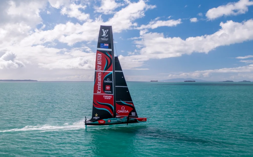 Emirates Team New Zealand’s new AC75 sailing on Auckland’s Hauraki Gulf. Photo: James Somerset...