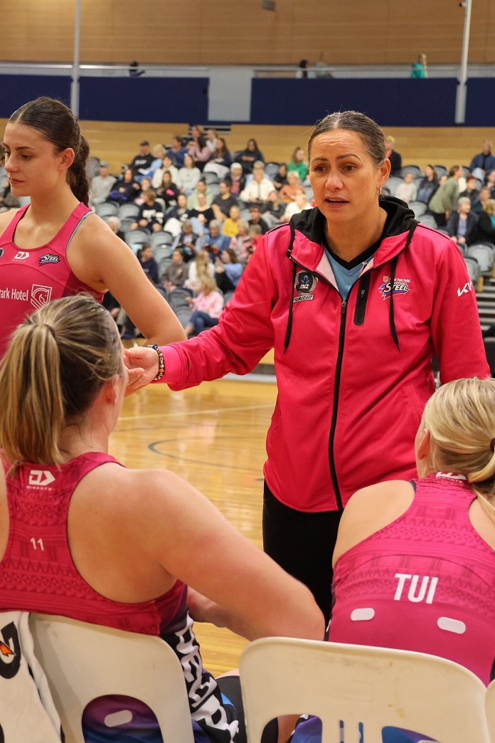 Southern Steel head coach Reinga Bloxham talks to her team during the Southern Showdown in...