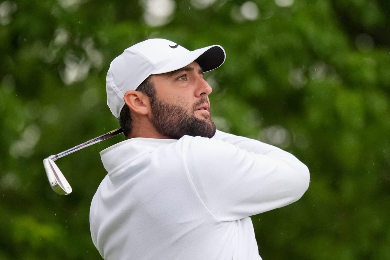 Scottie Scheffler tees off during the second round of the PGA Championship at Valhalla Golf Club...