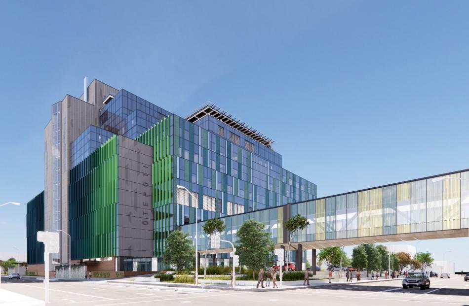 The new Dunedin hospital’s eastern facade and link bridge as envisioned from St Andrew St.