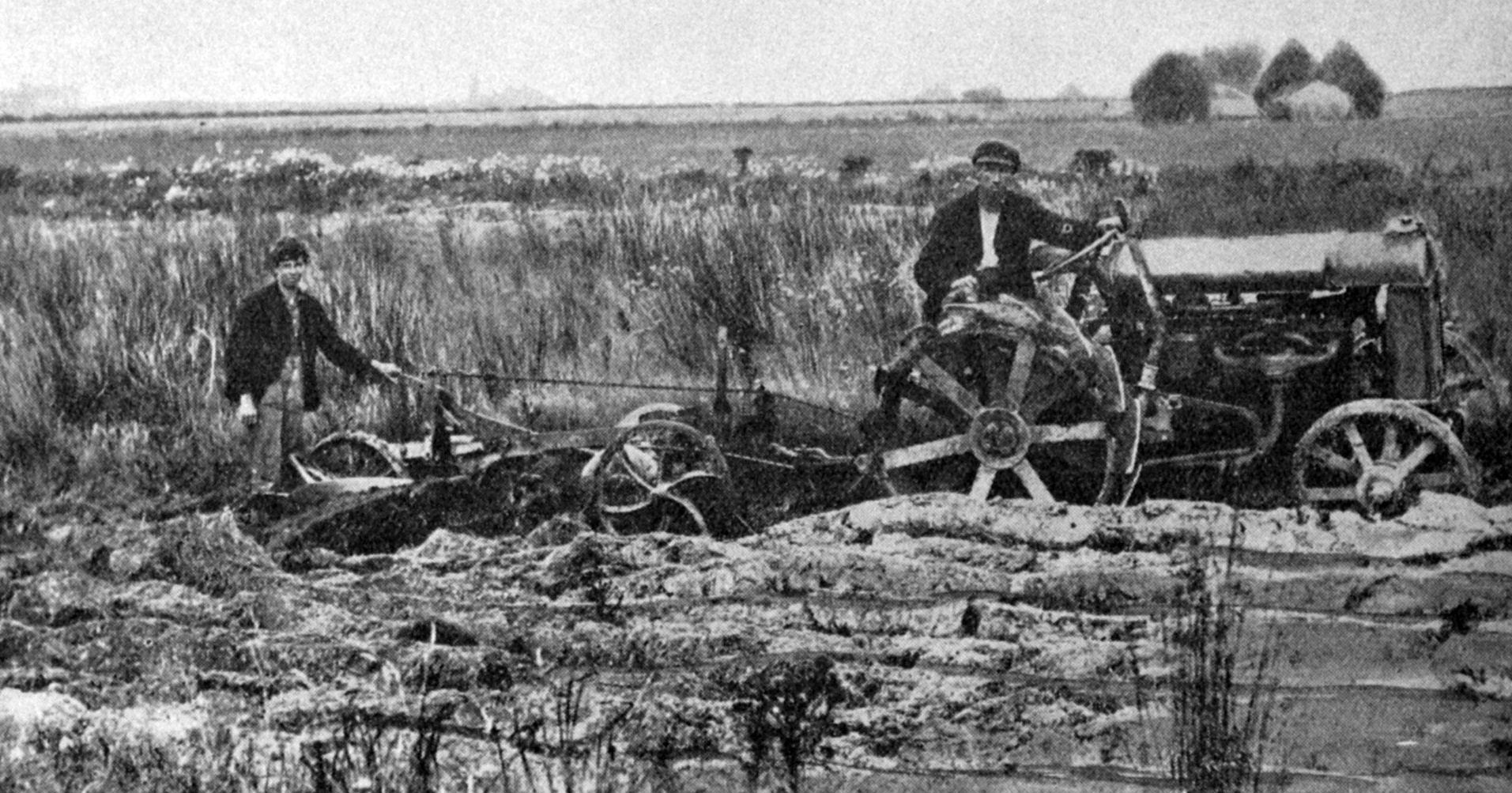 Ploughing-in rushes with a motor tractor. — Otago Witness, 27.5.1924