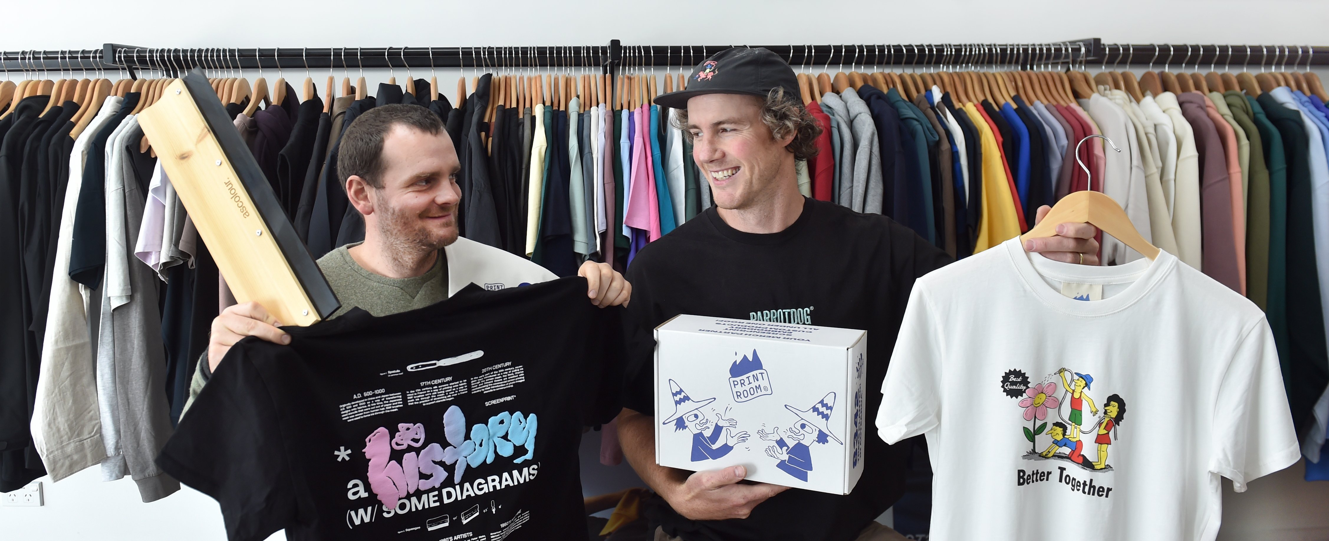 The Print Room co-owners Jon Thom (left) and Chris Brun showcase some of their printed...