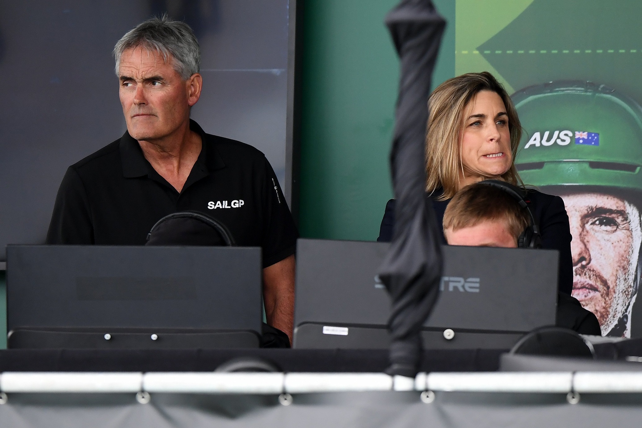 Russell Coutts reacts as dolphins on the course prevent racing during SailGP. Photo: Getty Images