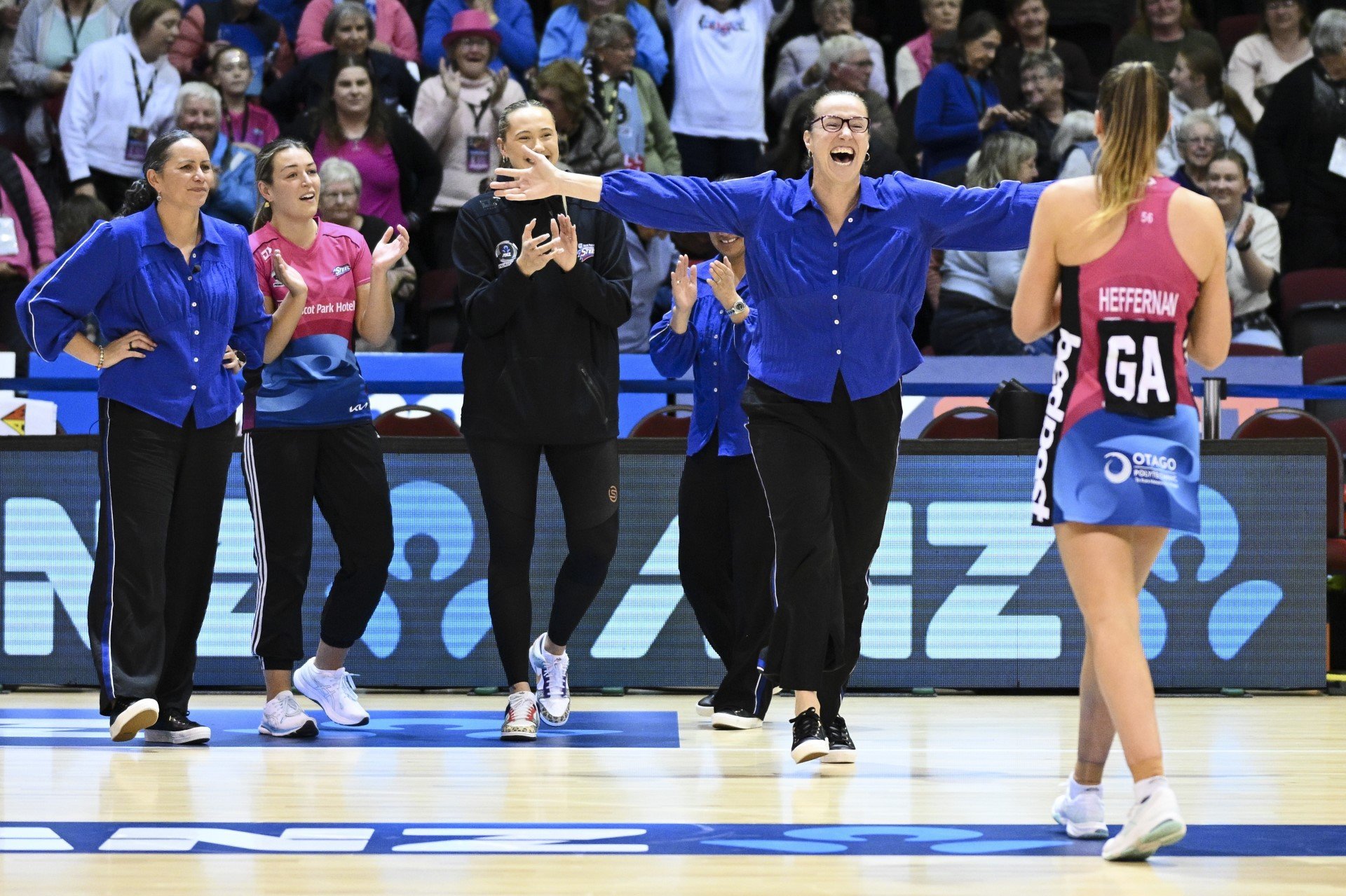 Assistant coach Jo Morrison prepares to hug Georgia Heffernan after the Steel broke their losing...
