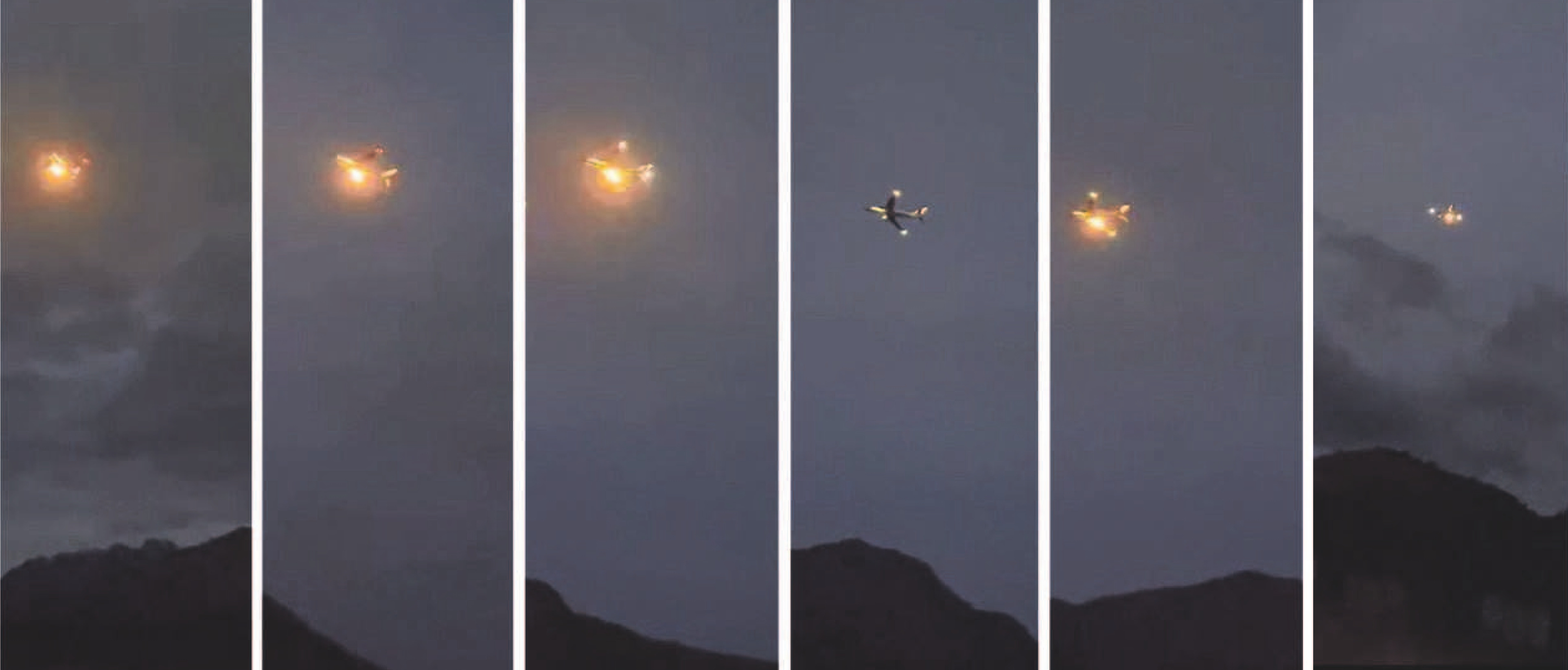 A sequence of shots showing flames coming from the engine of flight VA148 after it was damaged...