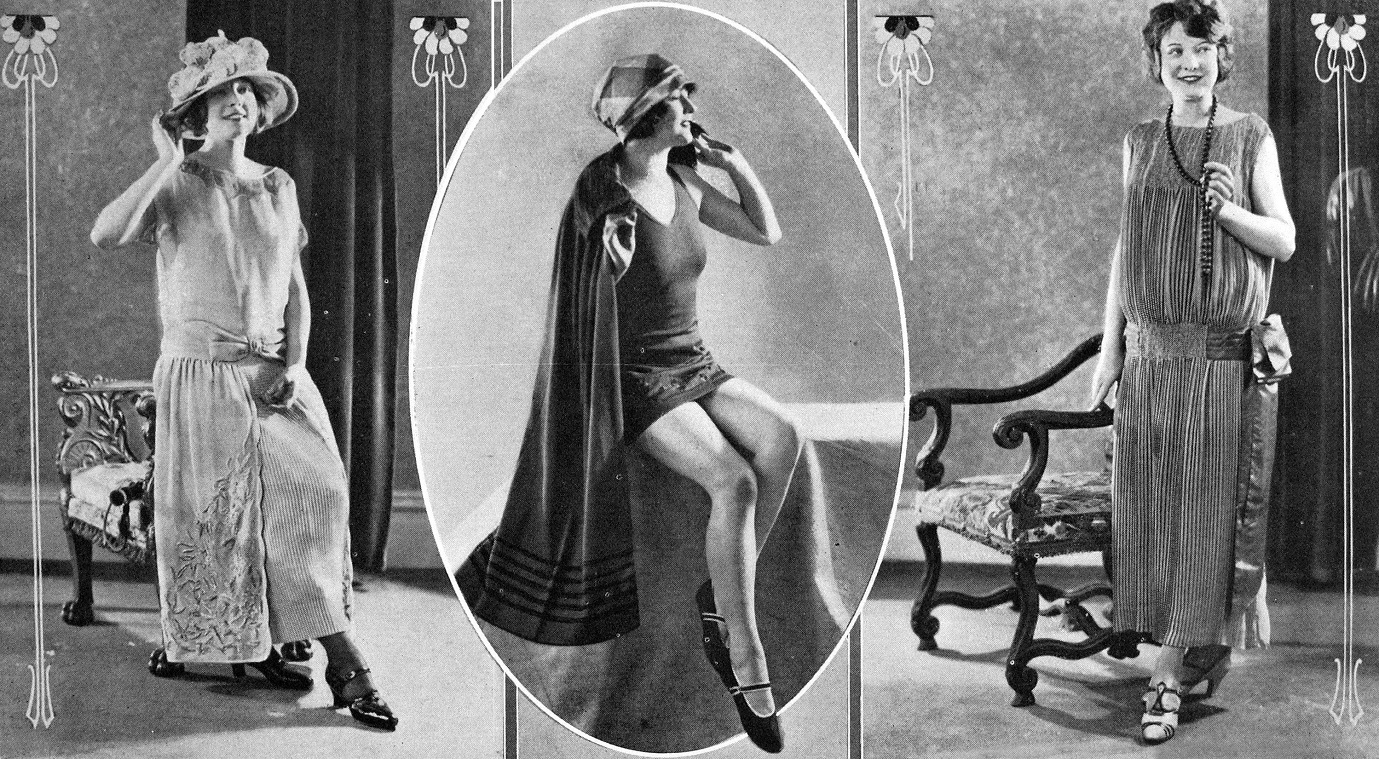 Latest fashions from America (from left): A chiffon gown of Poilu blue, embroidered in same...