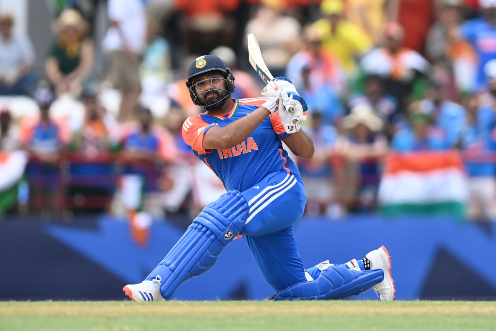 India's Rohit Sharma hits a six against Australia. Photo: Getty