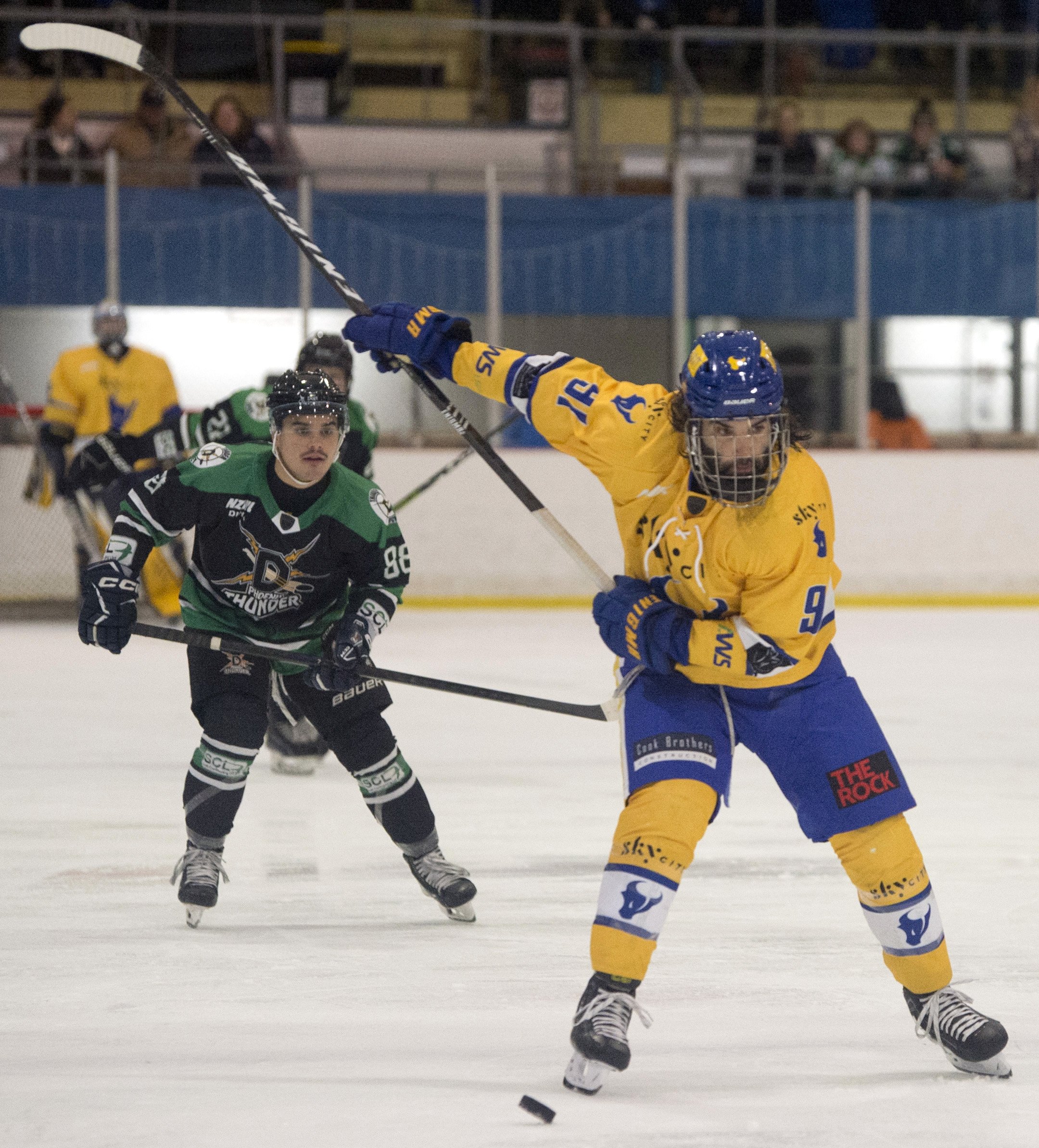 The Stampede's Colin McIntosh winds up for a ferocious shot at goal that ended up shattering the...