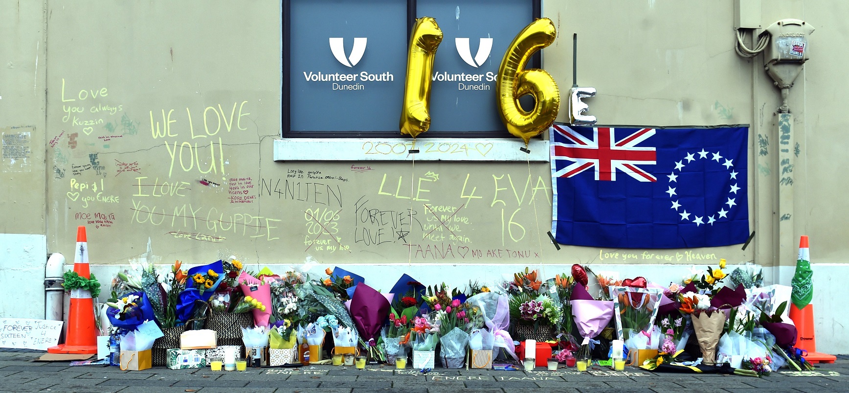 Flowers where Enere McLaren-Taana was fatally stabbed at the Dunedin bus hub in Great King St....