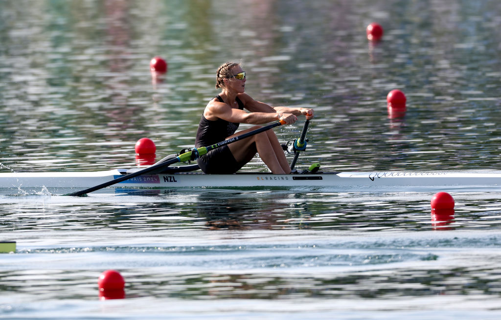 New Zealand's Emma Twigg competes in the women's single sculls quarterfinal at Vaires-Sur-Marne...