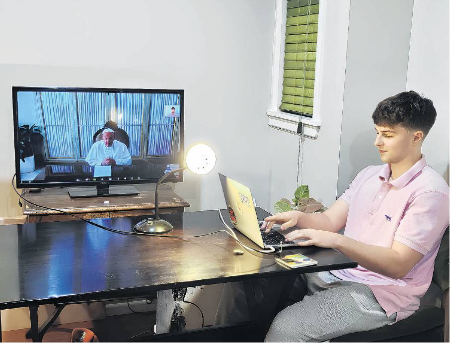 Seamus Lohrey during a live question and answer video call with Pope Francis. PHOTO: SUPPLIED