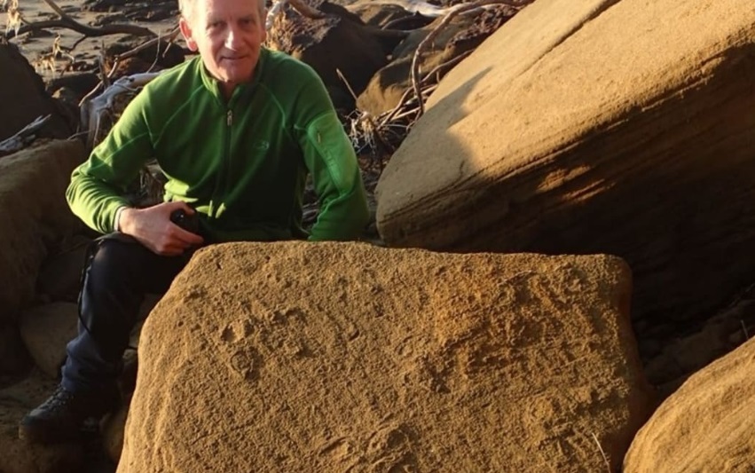 Geoscience communicator Julian Thomson with some of the moa footprints he and Dr Bruce Hayward...