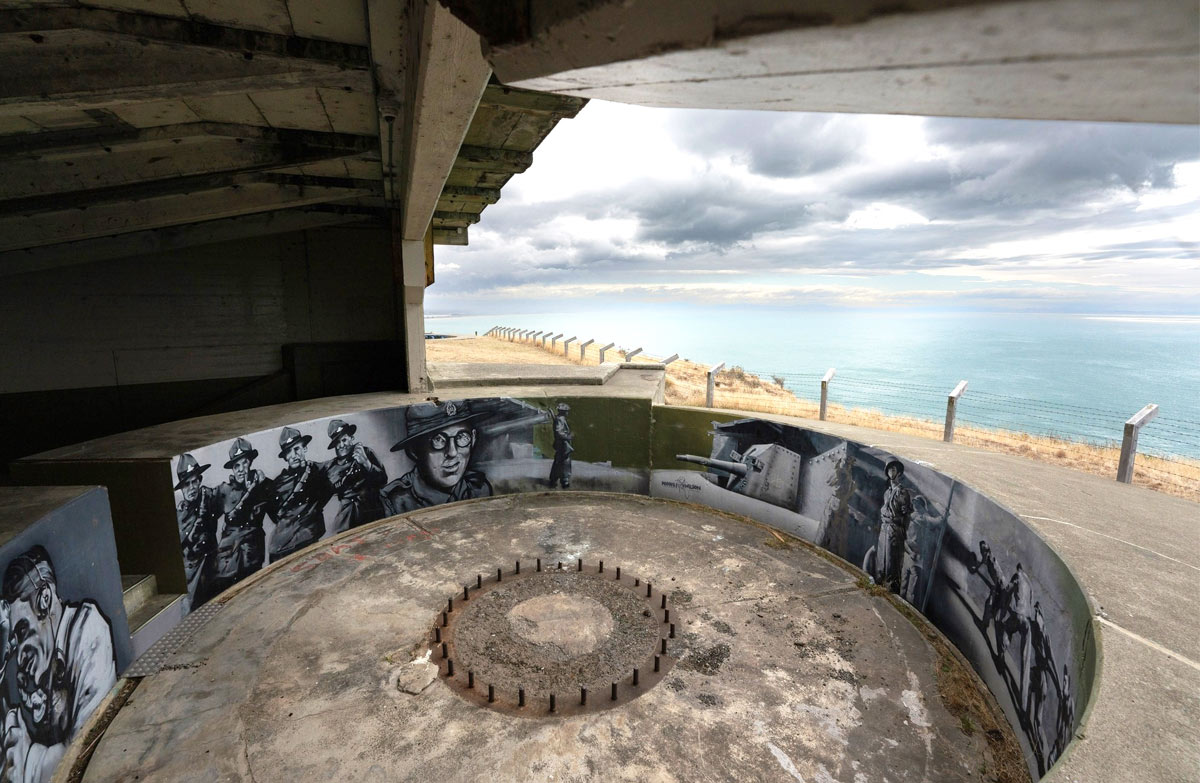 A gun emplacement with a mural by Wongi Wilson at Godley Head. Photo: DOC