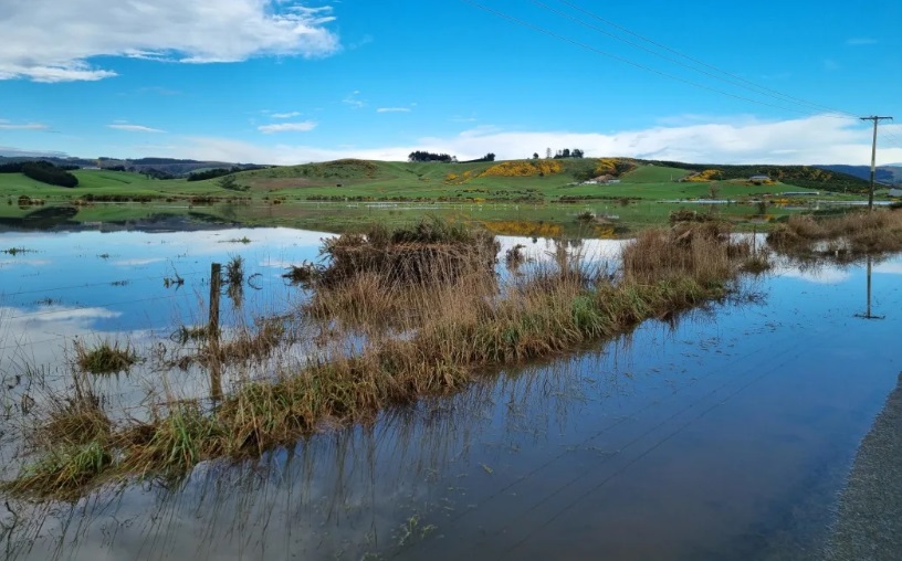 Floodwaters lingering in Clutha farmland. Photo: RNZ