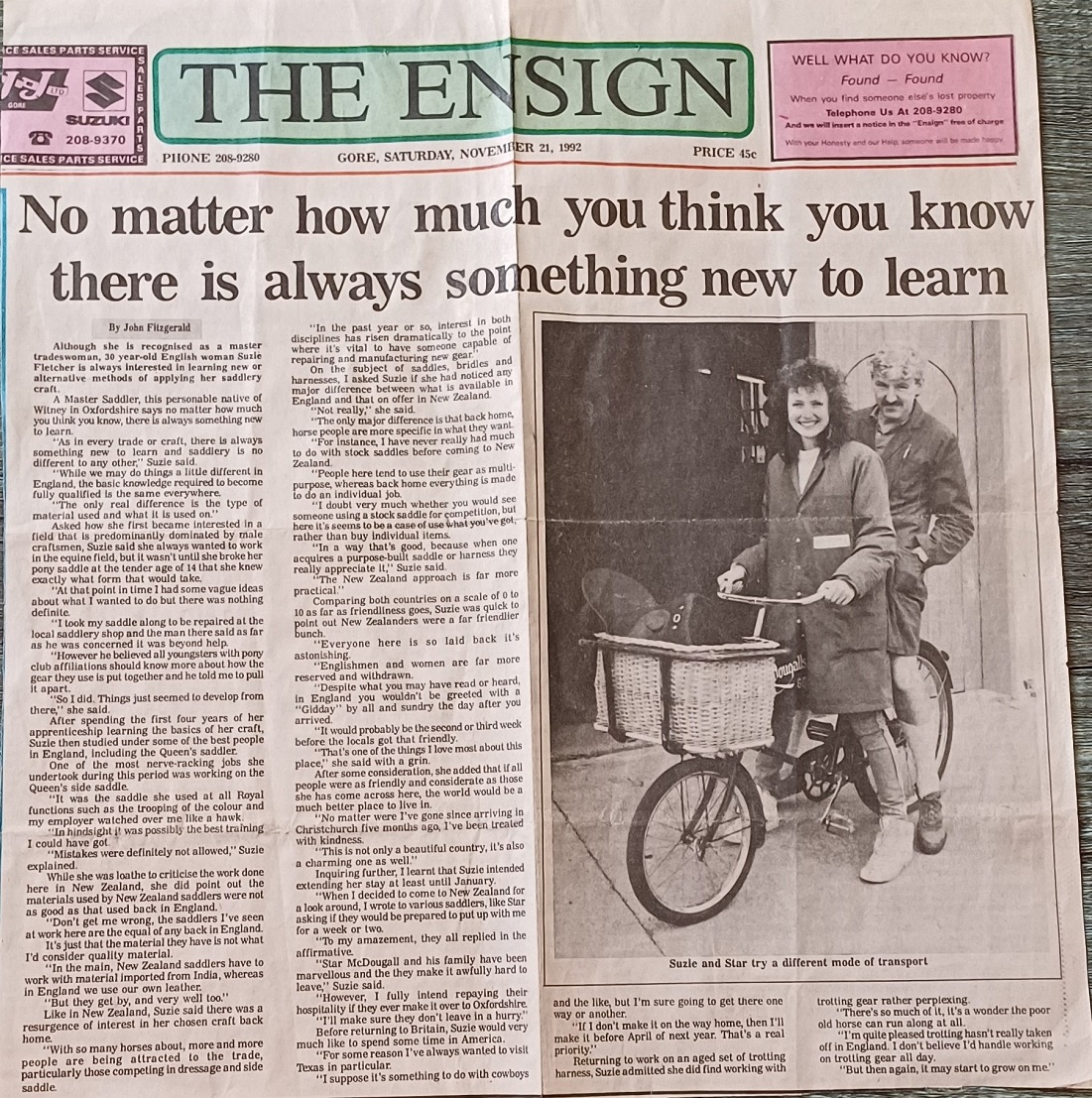 The Ensign front page of November 21, 1992 told the story of English master saddler Suzie...