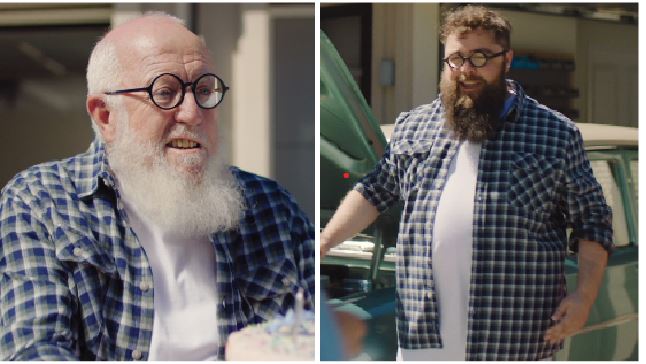 Max Lucas and his ‘younger self’ starring in a TV commercial for Arvida retirement villages. He...