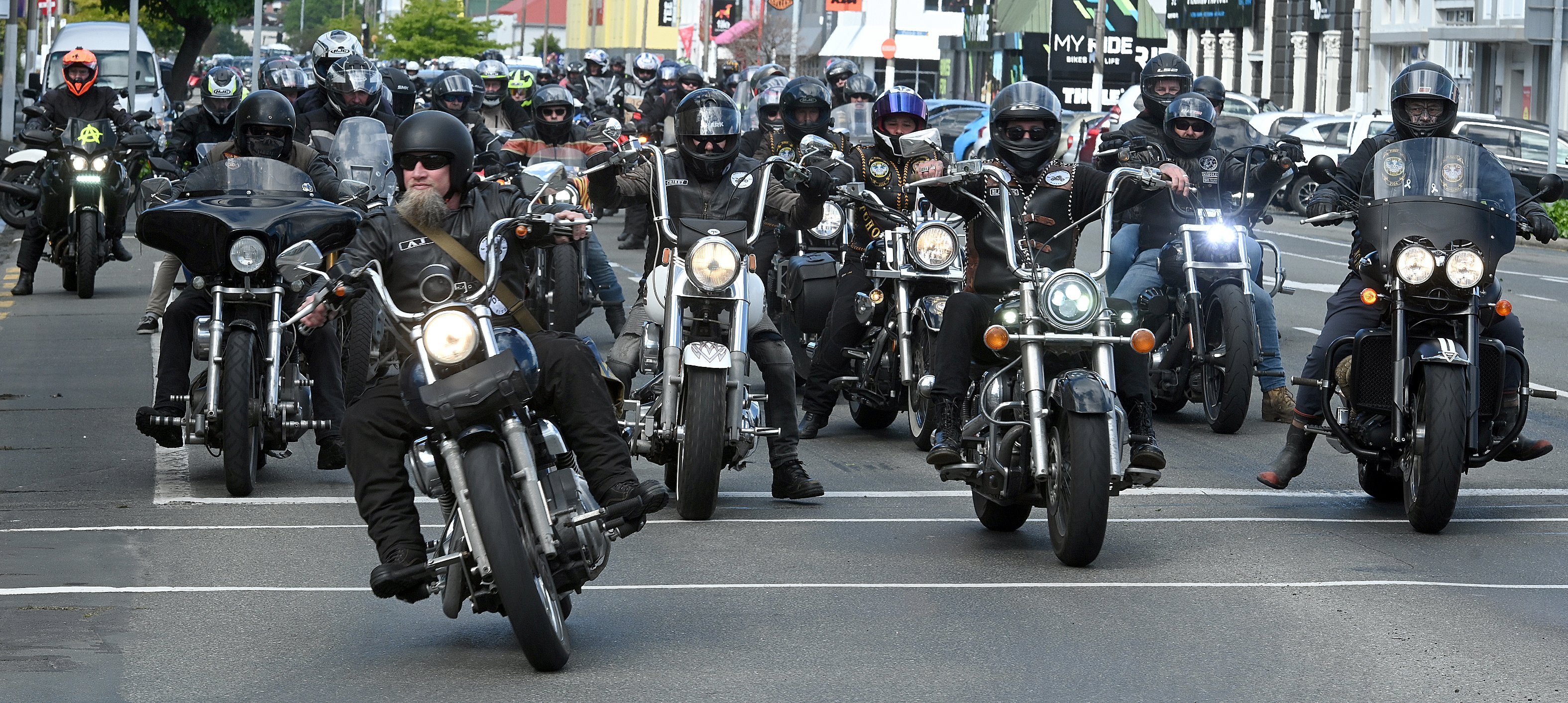 Motorcyclists set out from McIver and Veitch, in Crawford St, as part of the Dunedin Rego Freeze...