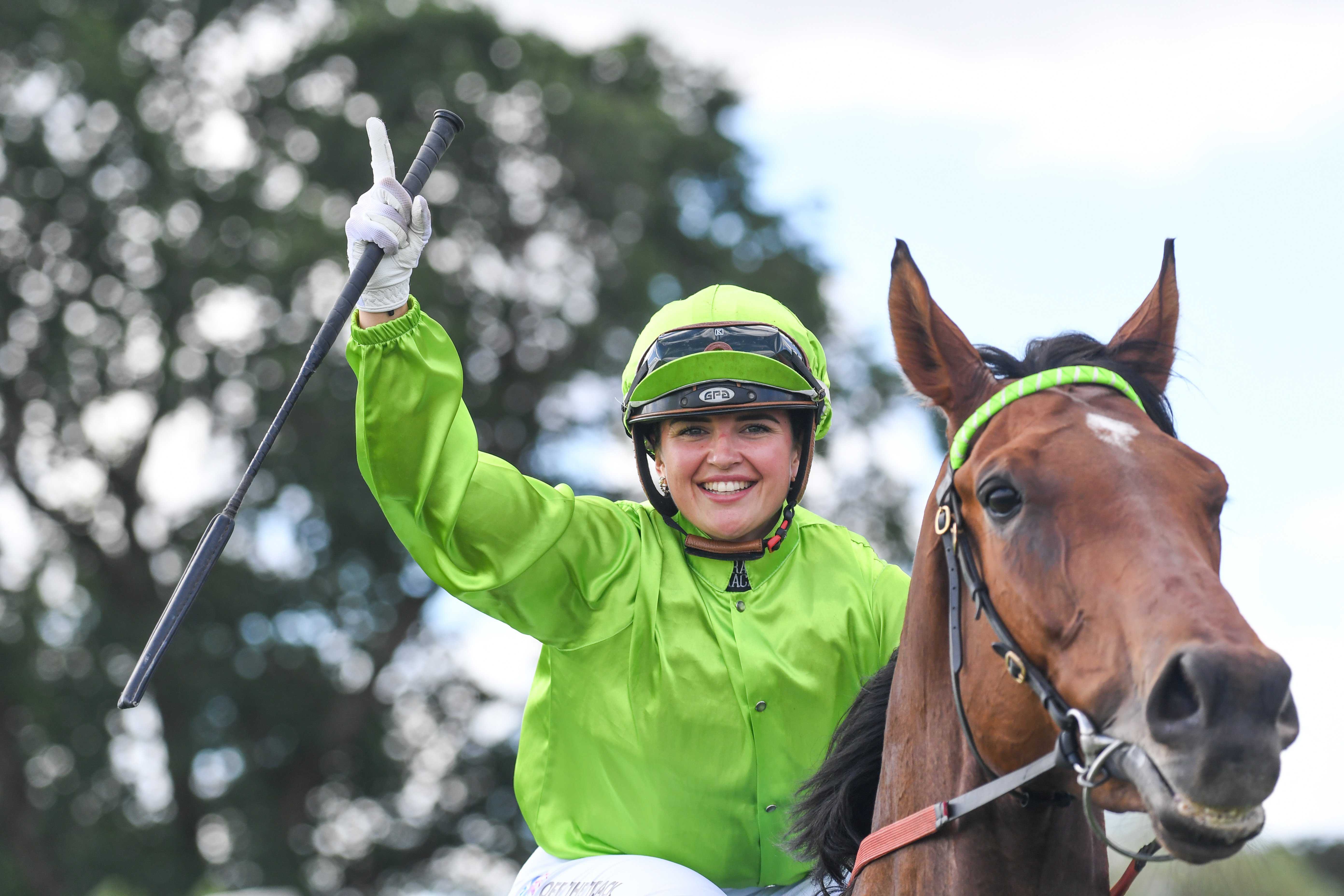 Jaylah Kennedy on Berkeley Square celebrates victory in the Ballarat Cup on Saturday. PHOTO:...