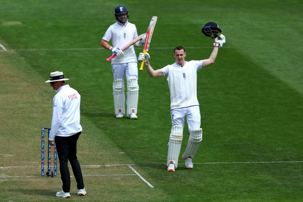 England's Harry Brook celebrates reaching his century against New Zealand at the Basin Reserve in...