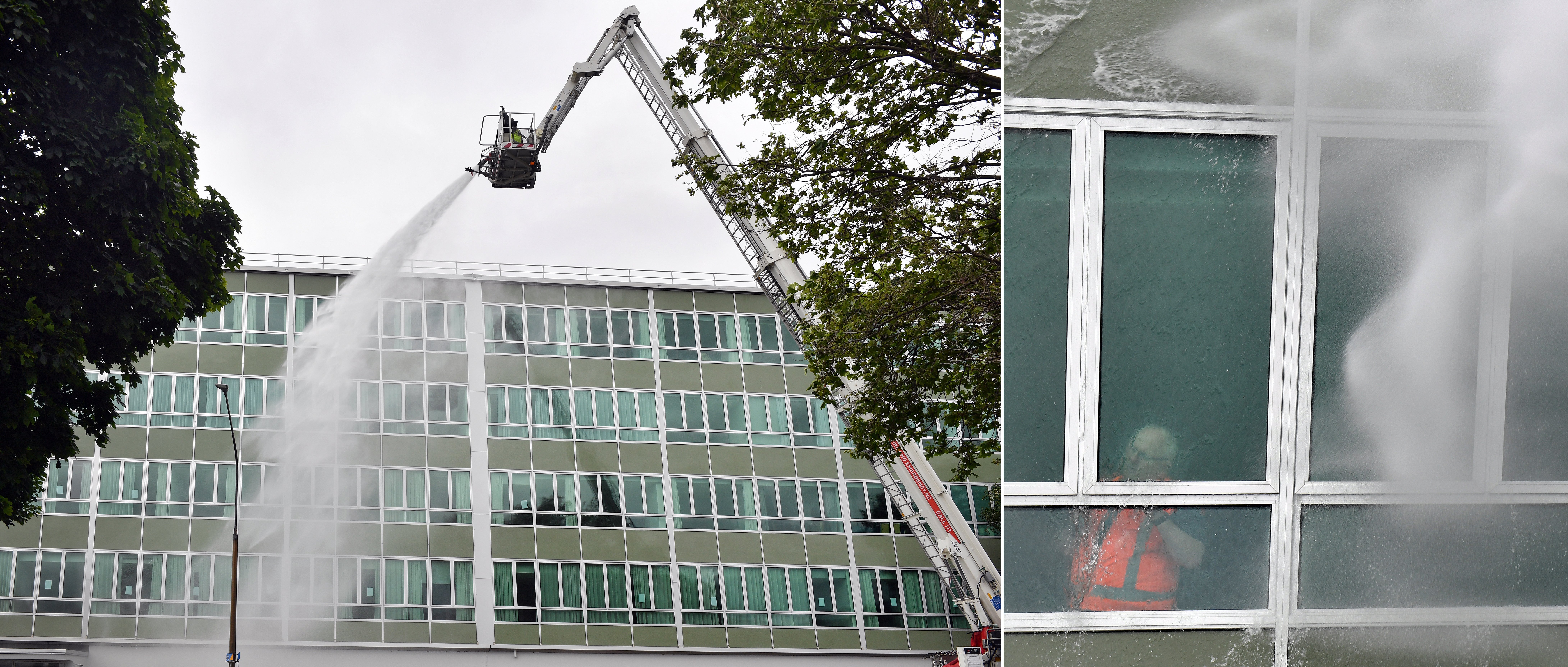 Firefighters use an aerial appliance to spray Hayward College’s windows with water to test their...