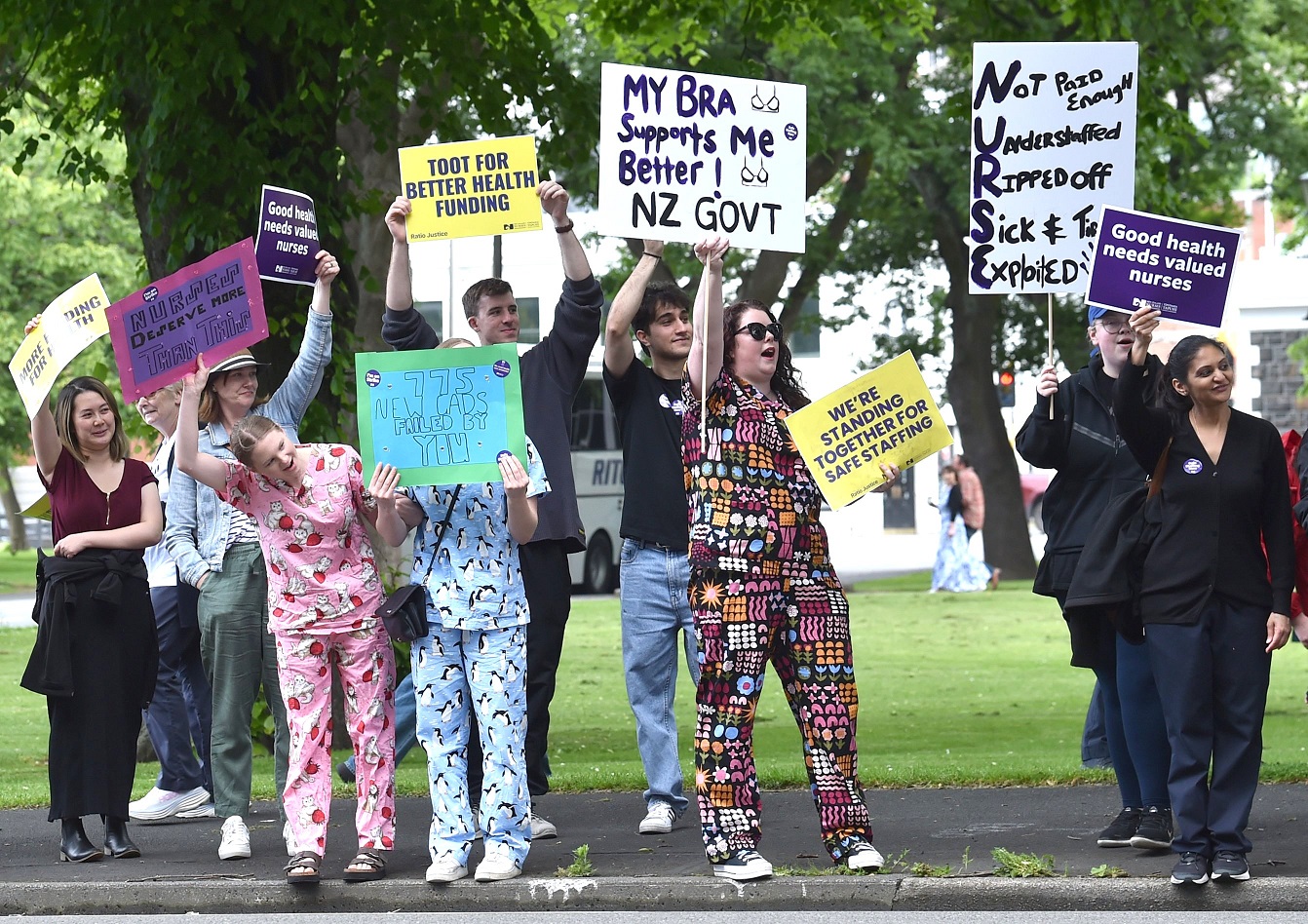 Dunedin nurses demonstrate at the Otago Museum Reserve yesterday. Photo: Peter McIntosh