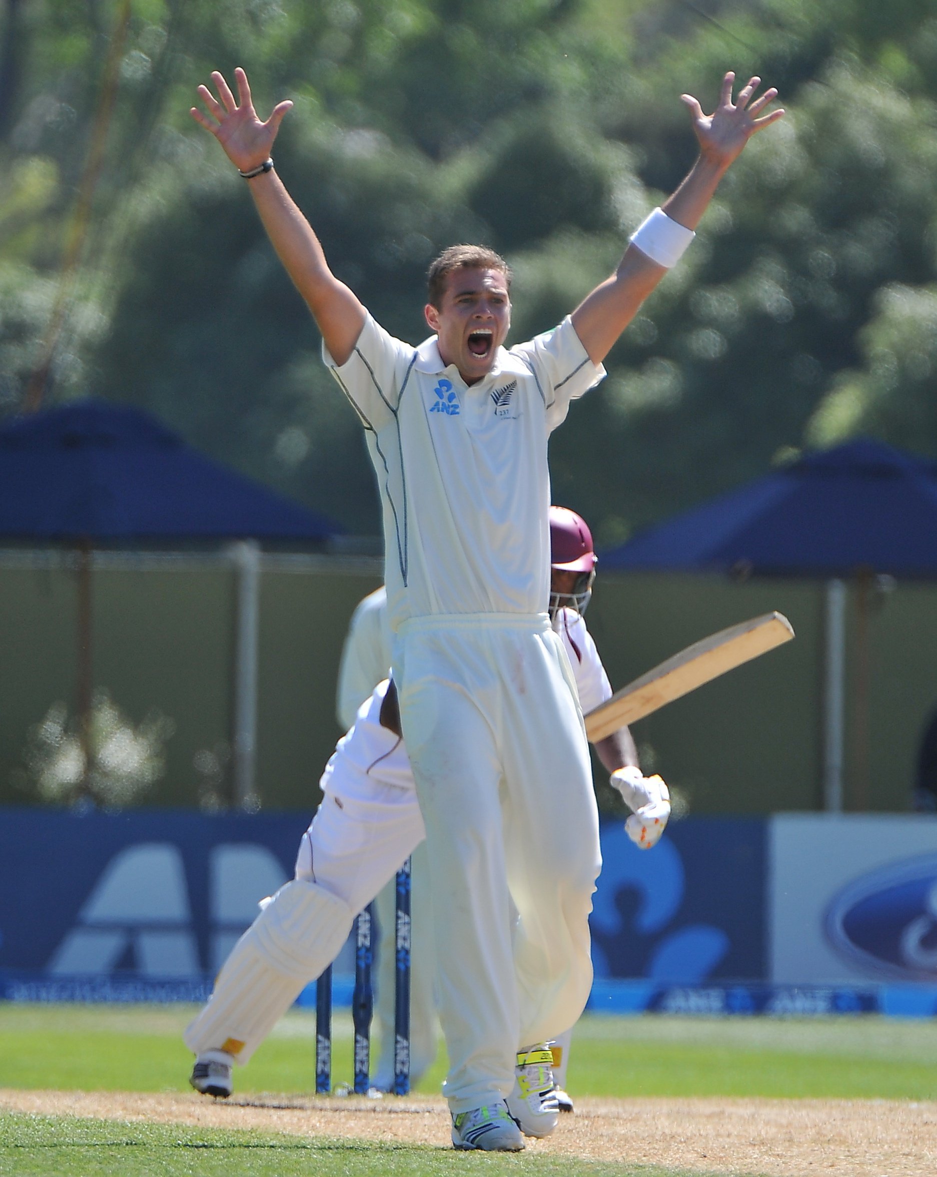 Southee appeals for a wicket during the test against the West Indies at the University Oval in...