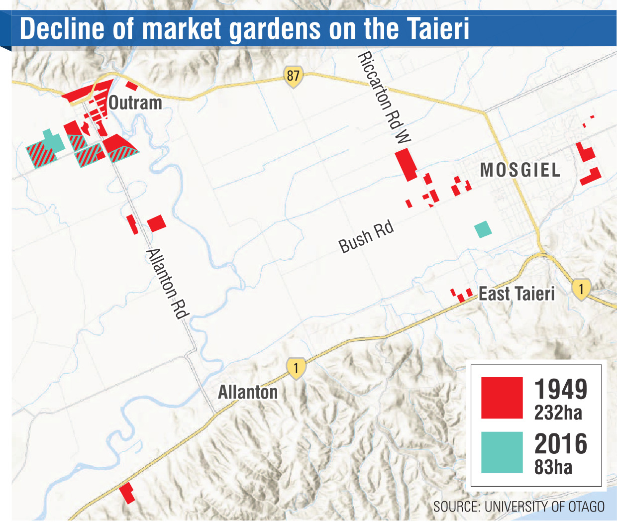 Land used for market gardening on the Taieri reduced from 232ha in 1949 to 83ha by 2016.