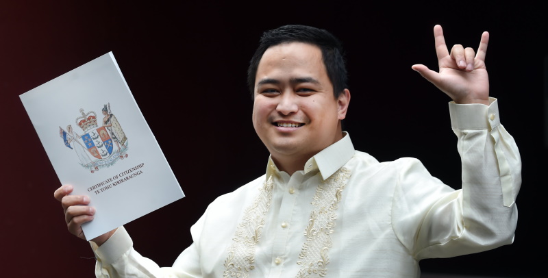 Juan Miguel Javier says ‘‘I love you’’ in international sign language, after becoming a New...