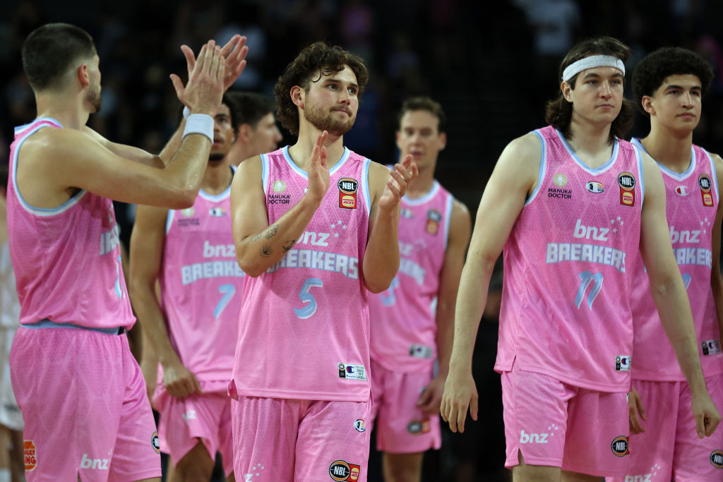 Breakers players on court during the round 19 NBL match against the Cairns Taipans at Spark Arena...