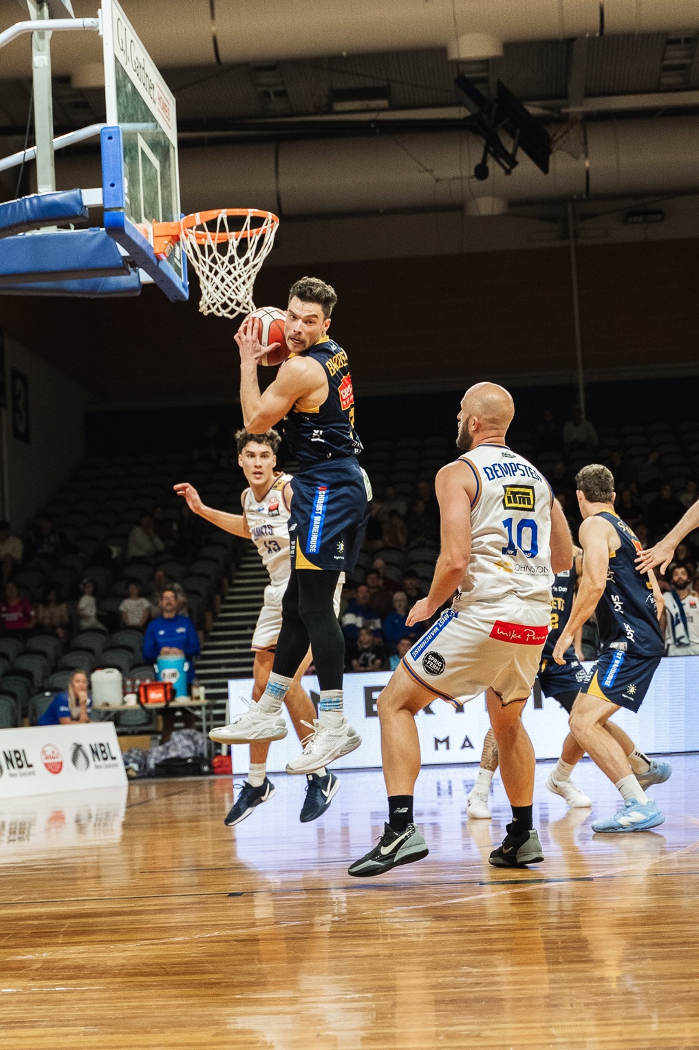 Matt Bardsley grabs the rebound for the Otago Nuggets during their NBL game against the Nelson...