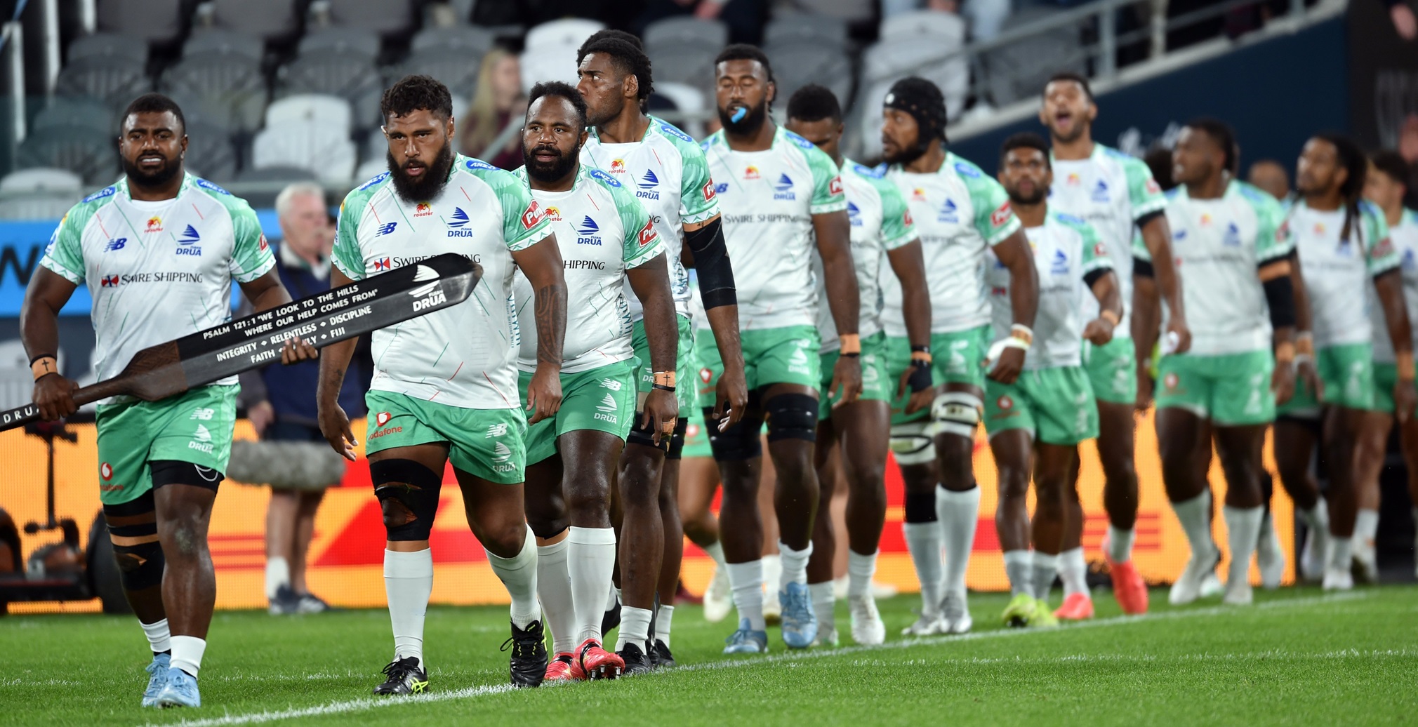 Co-captain Mesulame Dolokoto leads the Fijian Drua on to Forsyth Barr Stadium on Saturday night....