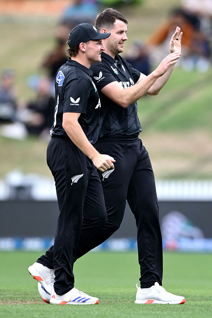 Nathan Smith (left) and Jacob Duffy celebrate a wicket during tonight's Black Caps win over...