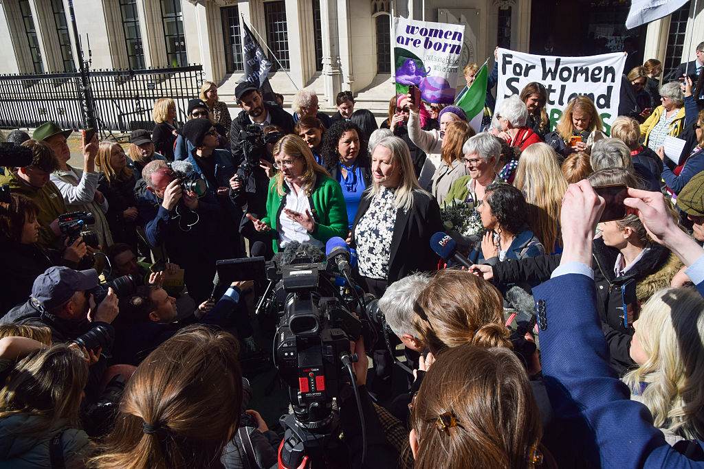 or Women Scotland directors Susan Smith (L) and Marion Calder (R) give their statements outside...