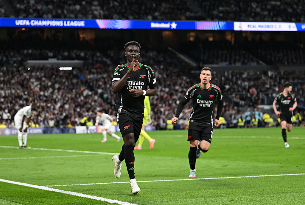 Bukayo Saka of Arsenal celebrates scoring his team's first goal during the UEFA Champions League...