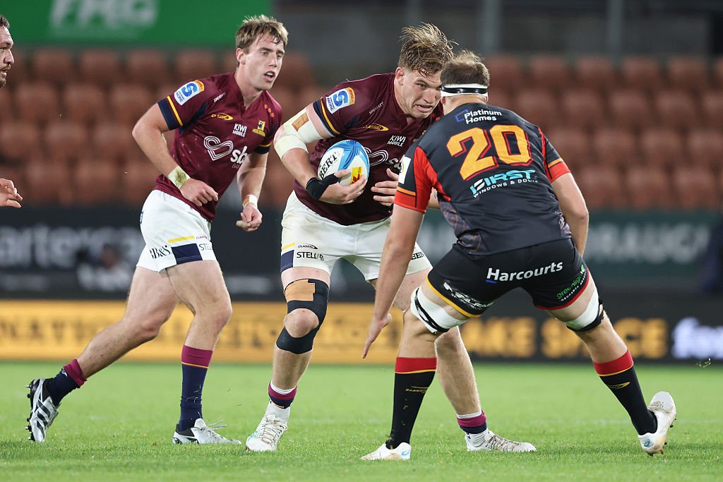 Fabian Holland of the Highlanders braces for the tackle during their match against the Chiefs in...