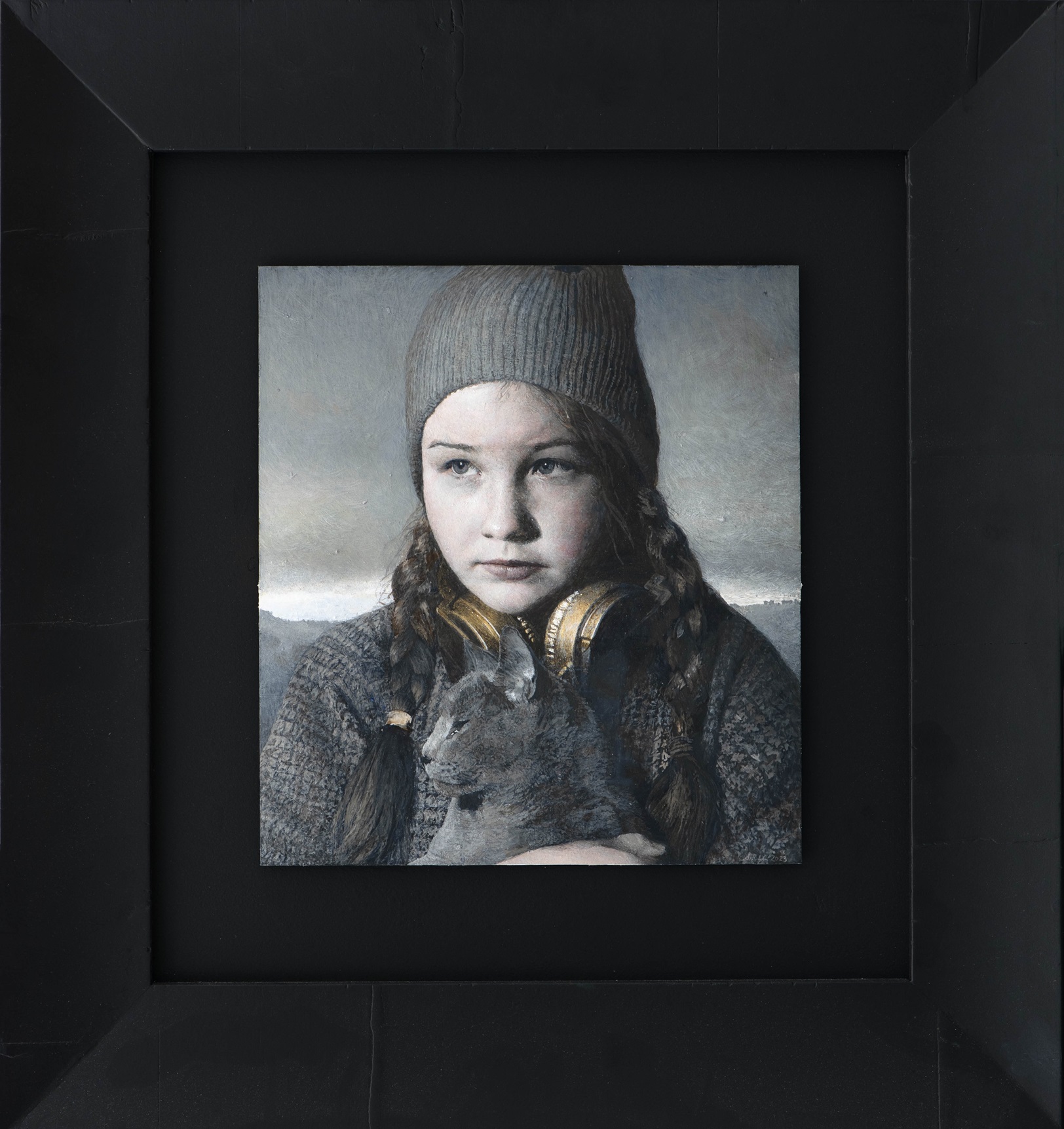 Richardson’s daughter Mila with cat Tontu 2023-2024 using egg tempura and silver leaf on panel....