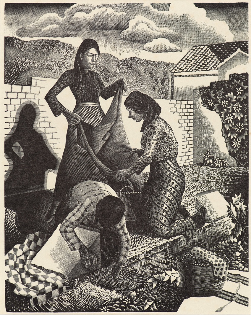Tom Chadwick, Wayside laundry, 1935, wood engraving on paper. Collection of the Dunedin Public...