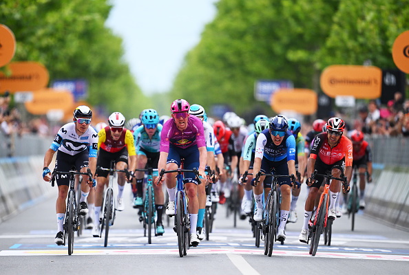 Corbin Strong (right, wearing blue) is pipped in a sprint to the finish by Mads Pedersen at the...