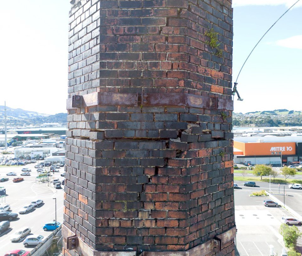 An image taken during the drone inspection of the chimney stack shows significant cracks. PHOTO:...
