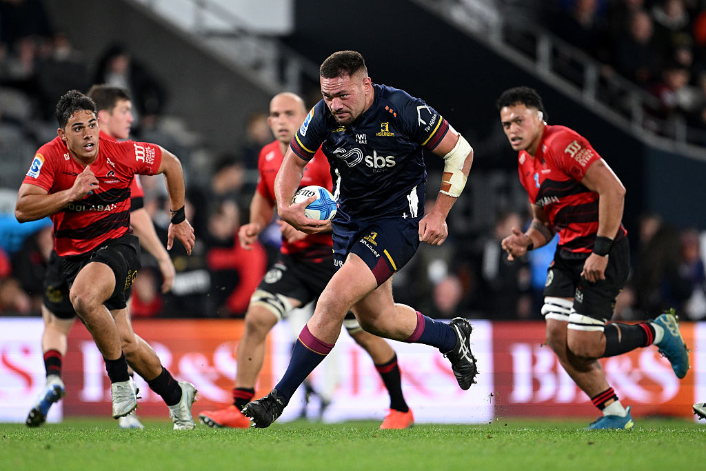 Highlanders prop Saula Ma’u charges forward during the Super Rugby Pacific match against...