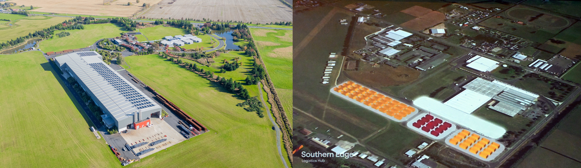 Inland port options — Milburn (left) and Mosgiel. IMAGES: SUPPLIED