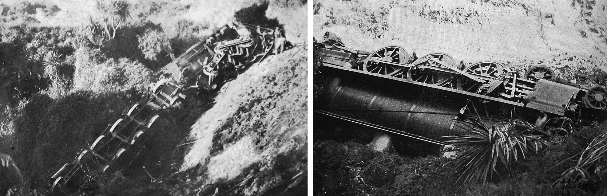 A derailed AB steam locomotive and its tender lie upside down in a gully at Kakahi near...