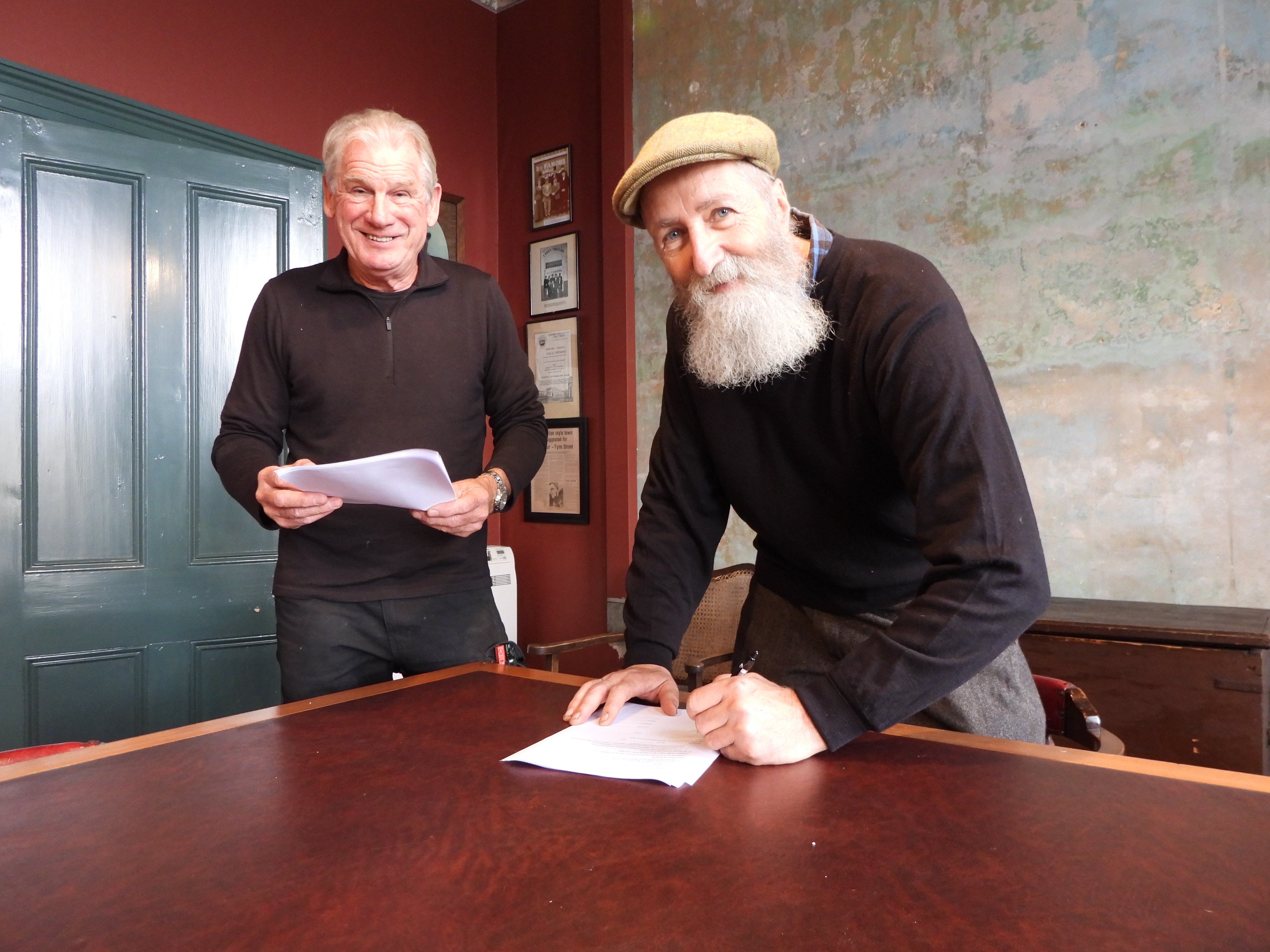 Oamaru Whitestone Civic Trust vice-chairman Graeme Clark (left) and chairman Richard Vinbrux sign...