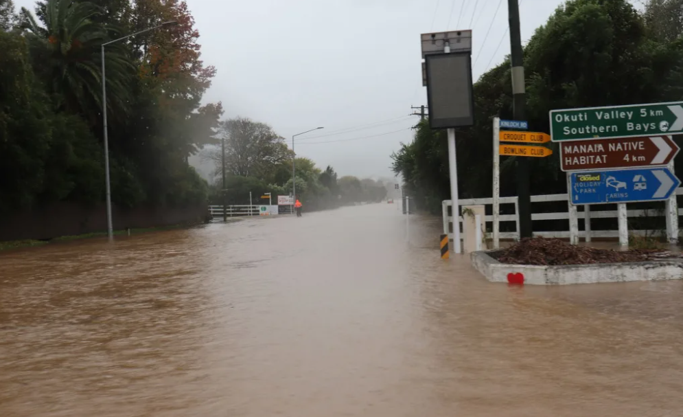 Floodwaters in Little River yesterday. Photo: Supplied / Sarah McFarland