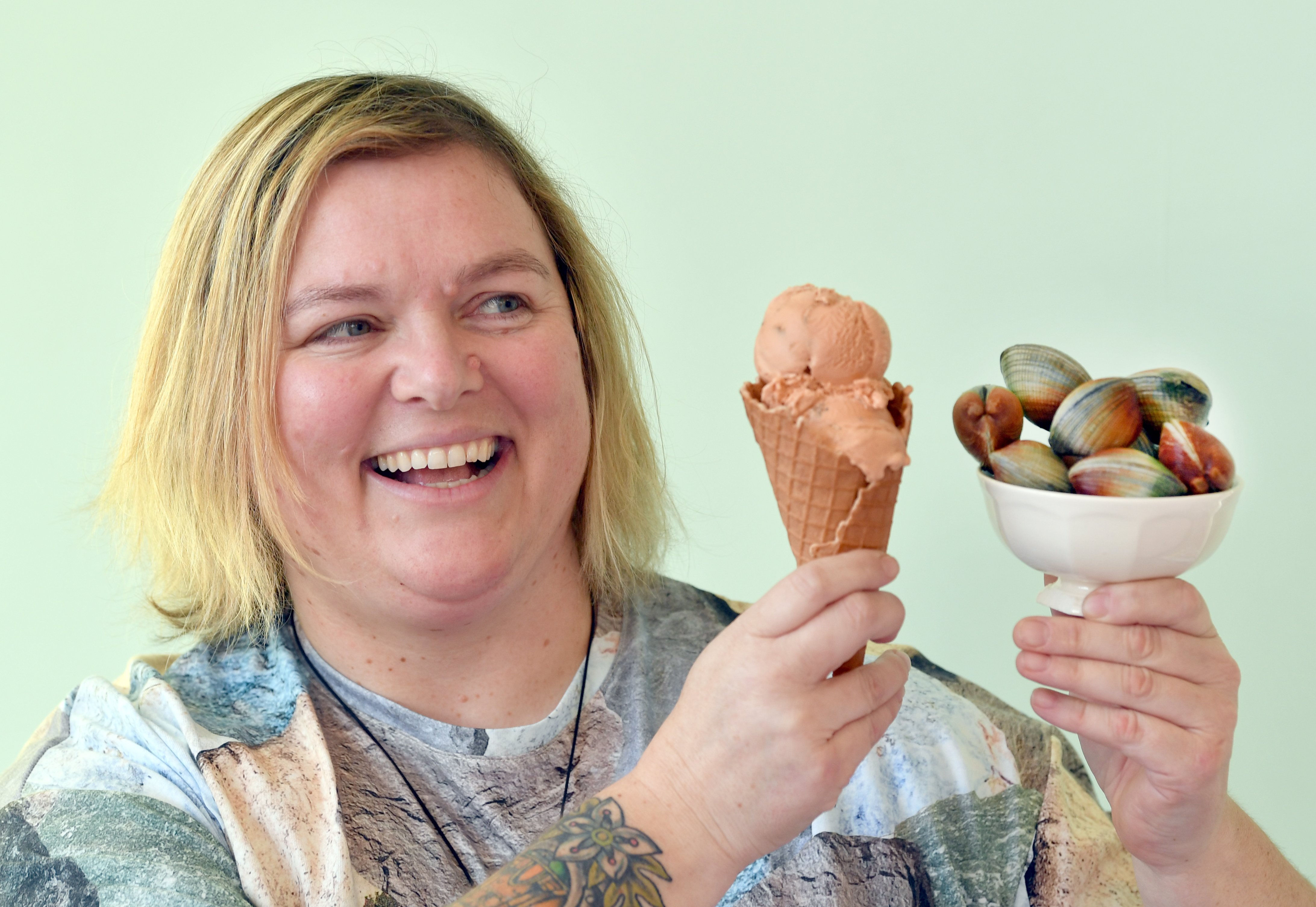 Patti's & Cream owner Olive Tabor shows off the new clam and tomato flavoured ice cream's...