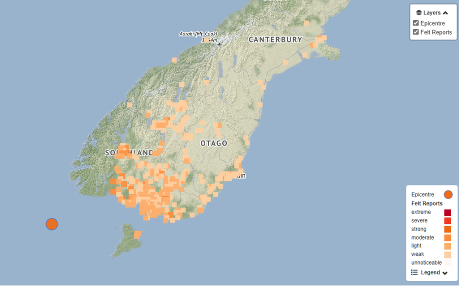 The orange dot on the map shows where the March 25 quake was situated off Southland and where the...