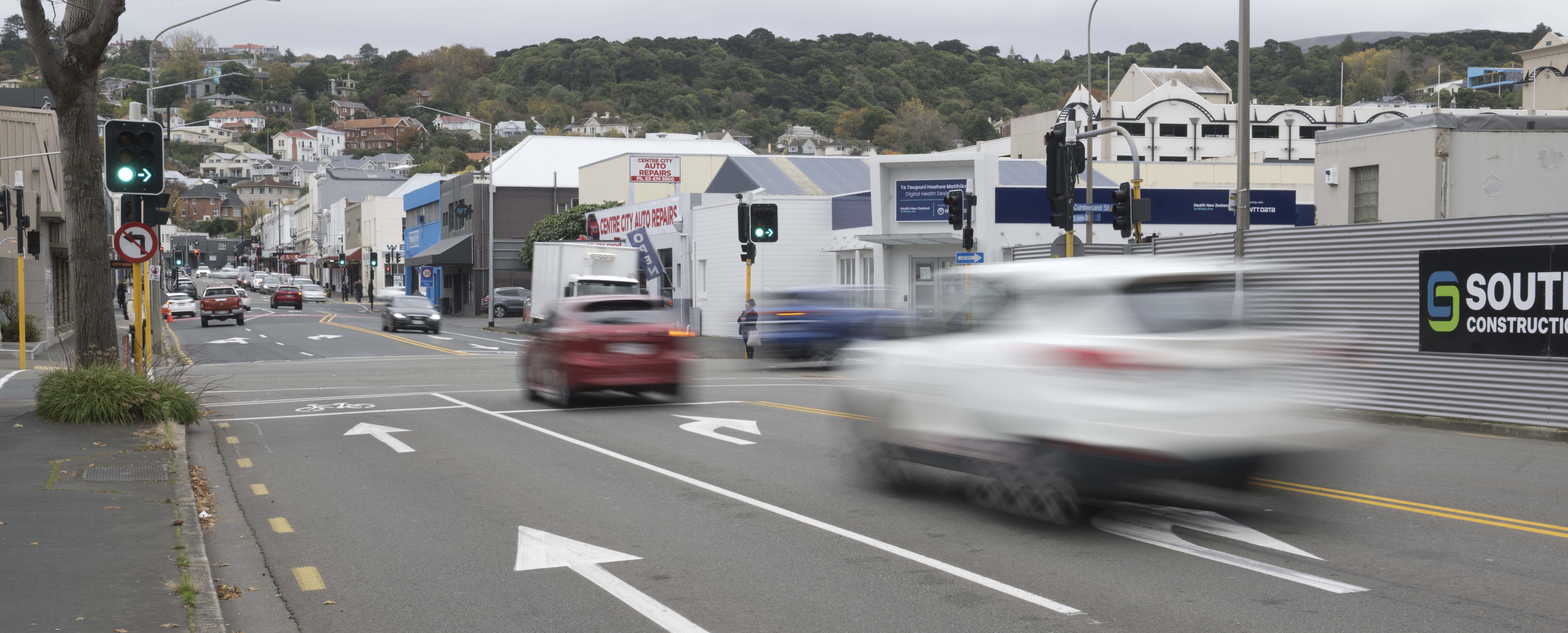 Traffic turns right off St Andrew St into Cumberland St, Dunedin, yesterday. Transport officials...