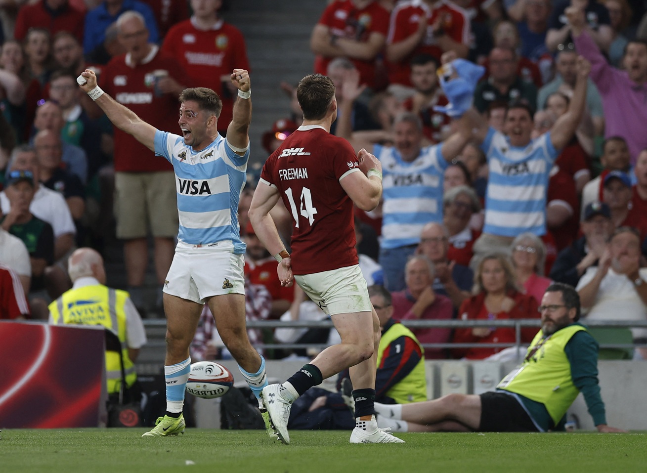 Argentina's Santiago Cordero celebrates scoring a try against the Lions. Photo: Reuters